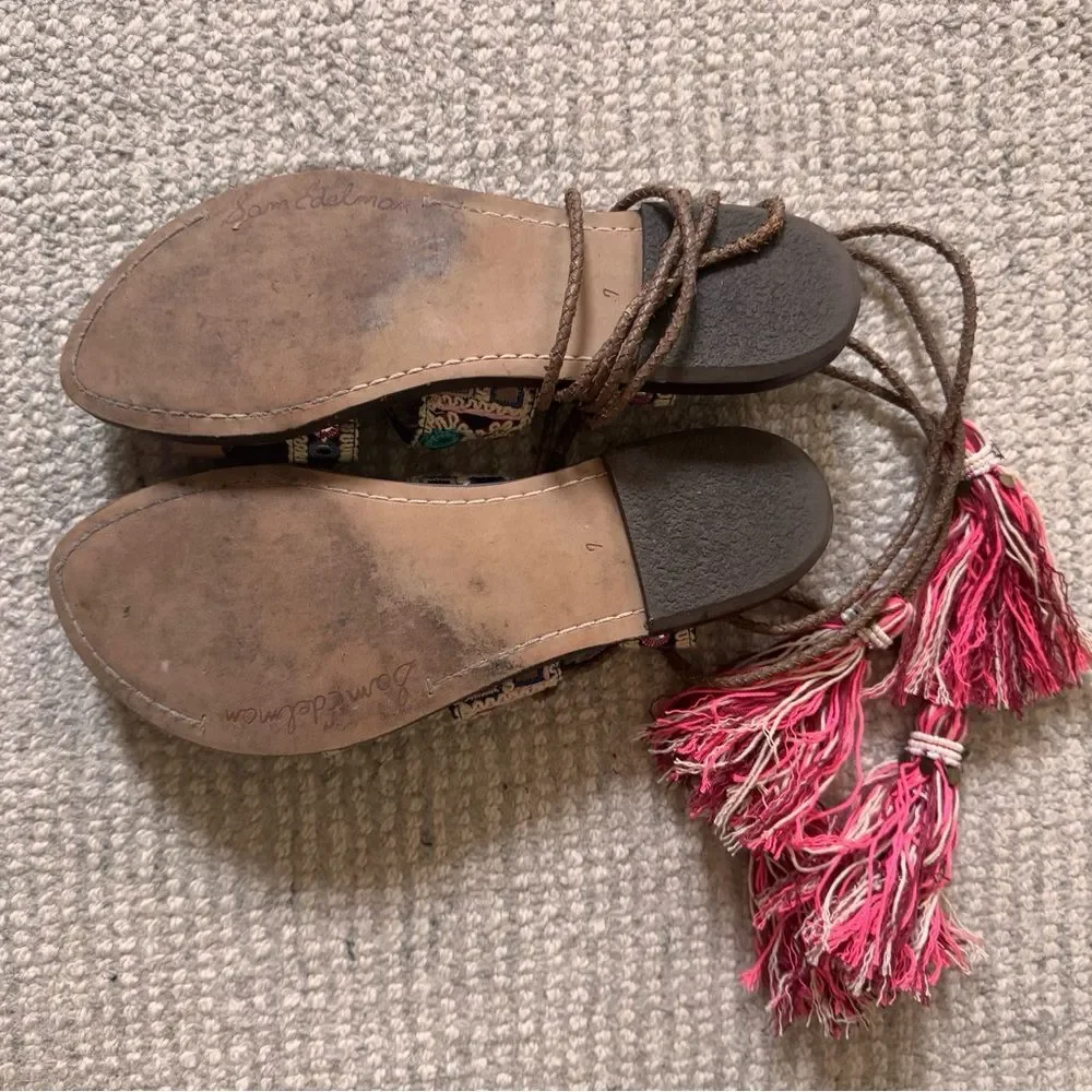 Sam Edelman Bohemian Embroidered Greek Leather Sandals with Pink Tassels